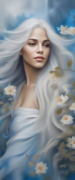 Create a portrait of a woman with calm and serene mood with her long golden white hair following in the wind, she is surrounded by numerous flowers and leaves painted in different shades of blue, creating a serene and mystical atmosphere, the image is primarily composed of various shades of blue, white, and grey, the flowers appear to be translucent and ethereal, with an impression of an old, worn canvas, adding realism to the artwork. adding to the dreamlike quality of the artwork.