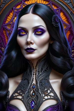 (best quality,highres:1.2), ultra-detailed, realistic, professional, surreal, psychedelic, highly detailed digital painting, mid shot, Morticia Adams family, face and body, black  deep purple Halloween theme, detailed eyes, detailed lips, intricate, elegant, lithe, smooth, sharp focus, ArtStation, concept art, illustration, colourful, vibrant, dynamic lighting