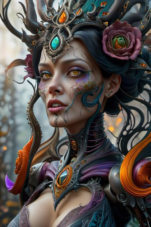 (best quality,highres:1.2), ultra-detailed, realistic, professional, surreal, psychedelic, highly detailed digital painting, mid shot, gothic witch queen, face, detailed eyes, detailed lips, intricate, elegant, lithe, smooth, sharp focus, ArtStation, concept art, illustration, colourful, vibrant, dynamic lighting