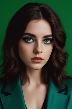 A young Caucasian woman with long wavy brown hair, wearing a green jacket , and bold blue eyeshadow , looking directly at the camera with a serious expression,<lora:659095807385103906:1.0>