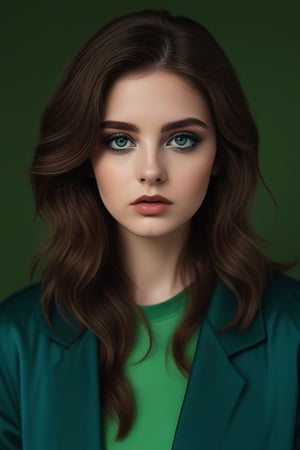 A young Caucasian woman with long wavy brown hair, wearing a green jacket , and bold blue eyeshadow , looking directly at the camera with a serious expression,<lora:659095807385103906:1.0>