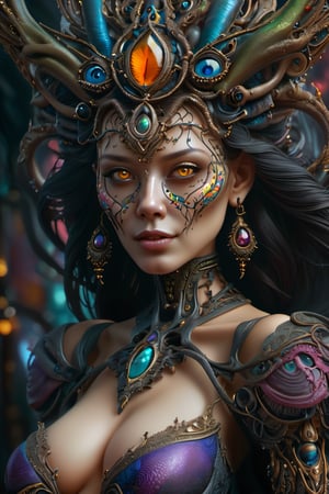 (best quality,highres:1.2), ultra-detailed, realistic, professional, surreal, psychedelic, highly detailed digital painting, mid shot, gothic witch queen, face, detailed eyes, detailed lips, intricate, elegant, lithe, smooth, sharp focus, ArtStation, concept art, illustration, colourful, vibrant, dynamic lighting