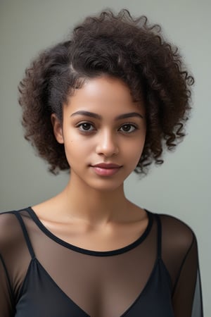 A young African woman with curly dark hair wearing a black sheer top, looking directly at the camera with a warm, friendly smile,<lora:659095807385103906:1.0>