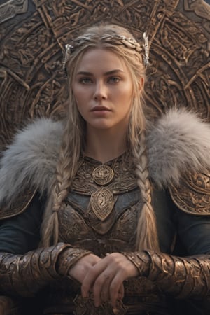 a close up of a nordic woman sitting on a throne, concept art, Artstation contest winner,  still from a fantasy movie, fantasy movie still, Viking woman, shield maiden, 4k detail fantasy, valkyrie, painted portrait of freya, Norse goddess, braided hair, female goddess svarog portrait, elden ring cinematic lighting
