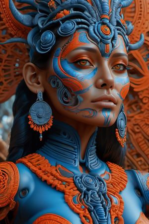 ultra-detailed, realistic, professional, surreal, psychedelic, highly detailed digital painting, a mid image of a woman with a face painted in blue and orange, Mayan priestess, Mayan warrior goddess, Mayan princess portrait, Mayan sun goddess, colourful digital fantasy art, 4k highly detailed digital art, beautiful digital artwork, 4k detailed digital art, beautiful art uhd 4 k