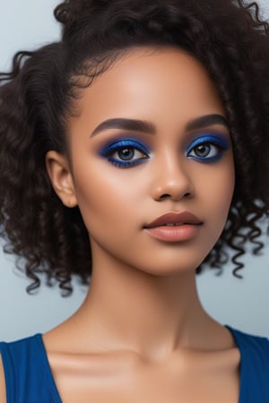 A young African woman with curly dark hair wearing a black top, and bold blue eyeshadow, looking directly at the camera with a warm, friendly smile,<lora:659095807385103906:1.0>