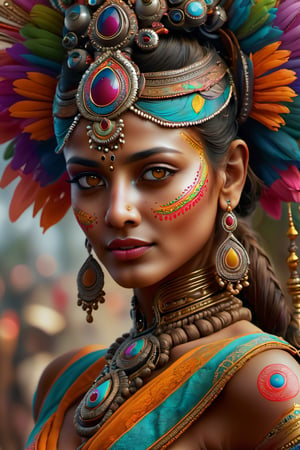 (best quality,highres:1.2), ultra-detailed, realistic, professional, surreal, psychedelic, highly detailed digital painting, mid shot, Indian traditional dancer, face, detailed eyes, detailed lips, intricate, elegant, lithe, smooth, sharp focus, ArtStation, concept art, illustration, colourful, vibrant, dynamic lighting