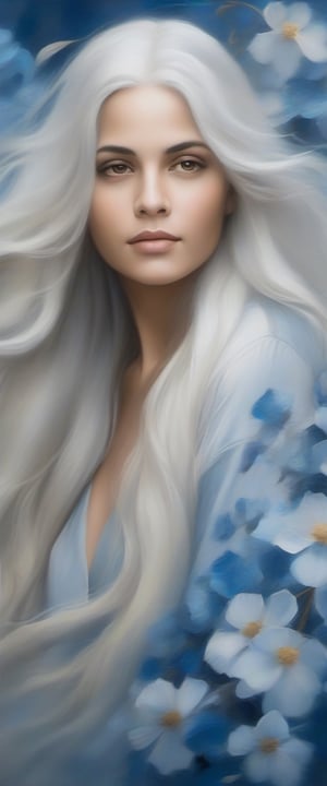 Create a portrait of a woman with calm and serene mood with her long golden white hair following in the wind, she is surrounded by numerous flowers and leaves painted in different shades of blue, creating a serene and mystical atmosphere, the image is primarily composed of various shades of blue, white, and grey, the flowers appear to be translucent and ethereal, with an impression of an old, worn canvas, adding realism to the artwork. adding to the dreamlike quality of the artwork.