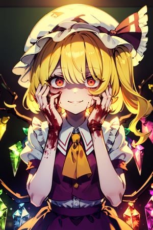 1girl,flandre_scarlet, red eyes, pale skin, wings, crystal, hat, shirt, frills, ribbon, vest, skirt, one side up, puffy sleeves, mob cap,yameroyandere, crazy eyes, yandere,  constricted pupils,smile,bloody,hand on own faces,masterpiece, high quality, best quality, highres,empty eyes,shaded face,glowing eyes
