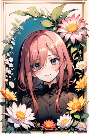 1girl,nakano miku, go-toubun no hanayome,hair ornament, black dress,looking down,smile,flower background,border,potrait