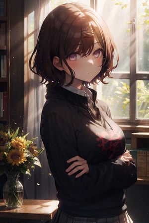1girl, 
 ,vase, at library,window,sunlight,light particles,depth of field, vignette, highly detailed,  moody, epic, gorgeous, upper body,from sideway,looking at viewer, higuchi madoka,purple eyes,arms_crossed,short hair, brown hair, hairpin,black hoodie, collared shirt, pleated skirt, pantyhose