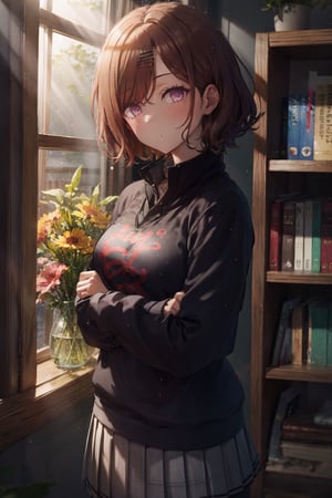 1girl, 
 ,vase, at library,window,sunlight,light particles,depth of field, vignette, highly detailed,  moody, epic, gorgeous, upper body,from sideway,looking at viewer, higuchi madoka,purple eyes,arms_crossed,short hair, brown hair, hairpin,black hoodie, collared shirt, pleated skirt, pantyhose