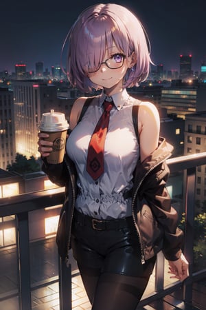 1girl,mash kyrielight,light purple hair, glasses,big breast,black pantyhose, sleeveless,gray jacket, pantyhose, purple eyes, red necktie, solo, looking at viewer, off shoulder, bare shoulders,long sleeves,holding coffee ,smile,at balcony,night,looking at viewer,,masterpiece, high quality, best quality, highres,short hair,hair over one eyes