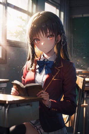 1girl, 
 ,sitting,holding book,at classroom,window,sunlight,light particles,depth of field,  highly detailed,  moody, epic, gorgeous, upper body,looking at viewer, aasuzune, long hair, blonde hair, black hair, braid, hair ribbon, red jacket, blazer, blue bowtie, long sleeves, white skirt, black thighhighs,perfect light