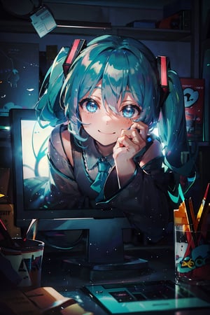 through screen, stuck, monitor, 1girl,hatsune miku, breasts, solo, looking at viewer, smile,upper body, cleavage,hand on own face,dekstop,keyboard pc,masterpiece, high quality, best quality, highres,