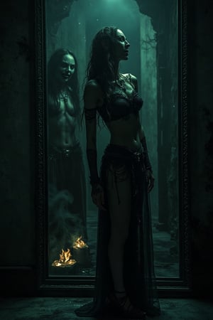 beautiful sensual femalle mystical elf with green eyes standing in front of a huge dark gothic mirror, her reflection is hideous and demonic,hyper detailed sensual outfit, sensual, feminity, full body pose, full leg, demonic background, flame, smoke, dark mystical ambiance