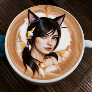 Highly detailed, High Quality, Masterpiece, beautiful, coffee, latte, LatteArt, latte art, food art, , 1girl, YaeMikoFox, no humans, ,league_of_legends_ahri,Ahri has fox_tail,Ahri has black-hair,5_figners,Ahri has yellow_eyes,Ahri is a fox_girl,Ahri has fox_ears,Ahri has big_breasts