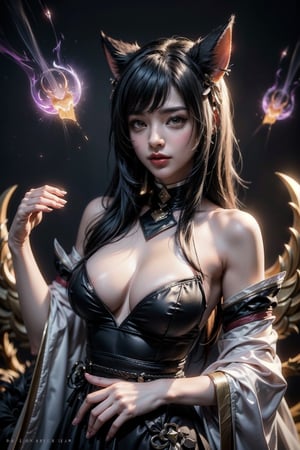 ah1,Ahri,fennec fox,fox tail,5_figners,black_hair,yellow eyes ,lure,league_of_legends_ahri,large breasts, ah1,black_fox_ears,girl,kujousaradef