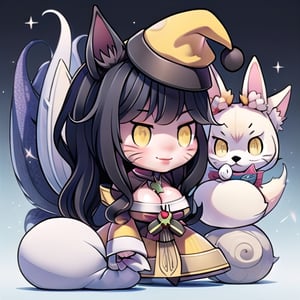 Padoru_Meme,smile,ah1,Ahri,fennec fox,fox tail,5_figners,black_hair,yellow eyes ,lure,league_of_legends_ahri,large breasts, ah1,black_fox_ears,perfect, facial mark, multiple tails