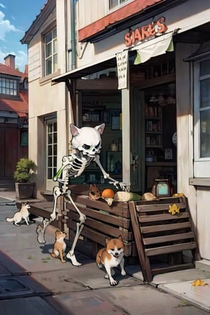 A skeleton chases a dog carrying a bone,CHEEMS,style_cartoon