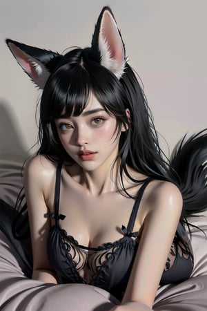 ah1,Ahri,fennec fox,fox tail,5_figners,black_hair,yellow eyes ,lure,league_of_legends_ahri,large breasts, ah1,black_fox_ears,lie on the bed