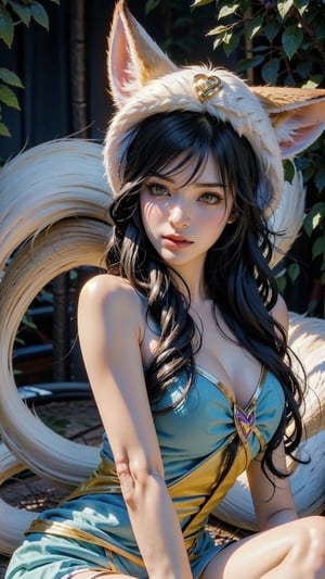 ah1,Ahri,fennec fox,fox tail,5_figners,black_hair,yellow eyes ,lure,league_of_legends_ahri,large breasts, ah1,black_fox_ears,falling_snow,dark academia,perfect