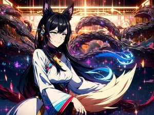 1girl,fox_tail,black-hair,5_figners,yellow_eyes,fox_girl,fox_ears,Ahri,midjourney,upper_body,sitting on a throne like a queen,smirk,fantasy00d,More Detail