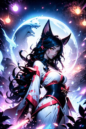 ah1,Ahri,fennec fox,fox tail,5_figners,black_hair,yellow eyes ,lure,league_of_legends_ahri,large breasts, ah1,black_fox_ears, Upper body