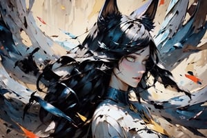 fox_tail,black-hair,5_figners,yellow_eyes,fox_girl,fox_ears,Ahri,midjourney,upper_body,1 girl,More Detail,perfect light,CJ painting