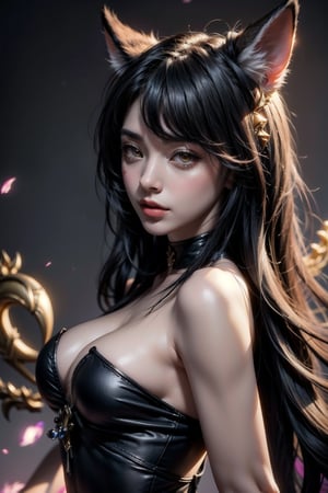 ah1,Ahri,fennec fox,fox tail,5_figners,black_hair,yellow eyes ,lure,league_of_legends_ahri,large breasts, ah1,black_fox_ears,girl,kujousaradef