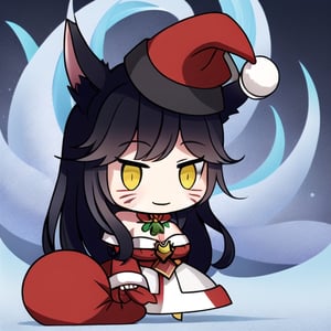 Padoru_Meme,red_hat,smile,ah1,Ahri,fennec fox,fox tail,5_figners,black_hair,yellow eyes ,lure,league_of_legends_ahri,large breasts, ah1,black_fox_ears,perfect, facial mark, multiple tails