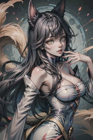 ah1,Ahri,fennec fox,fox tail,5_figners,black_hair,yellow eyes ,lure,league_of_legends_ahri,large breasts, ah1,black_fox_ears,perfect