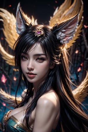 ah1,Ahri,fennec fox,fox tail,5_figners,black_hair,yellow eyes ,lure,league_of_legends_ahri,large breasts, ah1,black_fox_ears,Miss Grand International