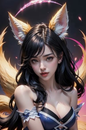 ah1,Ahri,fennec fox,fox tail,5_figners,black_hair,yellow eyes ,lure,league_of_legends_ahri,large breasts, ah1,black_fox_ears,PekoraOutfit