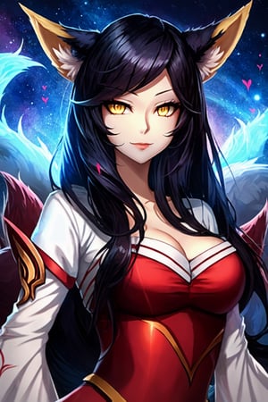 ah1,Ahri,fennec fox,fox tail,5_figners,black_hair,yellow eyes ,lure,league_of_legends_ahri,large breasts, ah1,black_fox_ears, Upper body