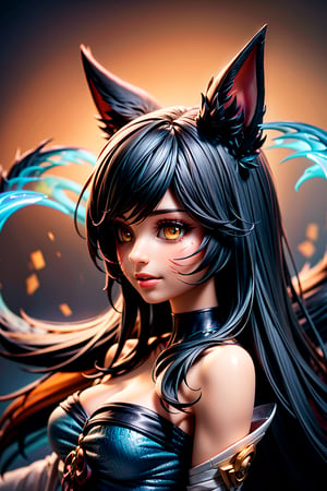 ah1,Ahri,fennec fox,fox tail,5_figners,black_hair,yellow eyes ,lure,league_of_legends_ahri,large breasts, ah1,black_fox_ears, facial mark