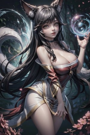 ah1,Ahri,fennec fox,fox tail,5_figners,black_hair,yellow eyes ,lure,league_of_legends_ahri,large breasts, ah1,black_fox_ears,perfect