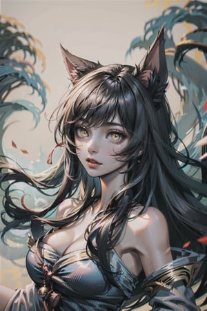 ah1,Ahri,fennec fox,fox tail,5_figners,black_hair,yellow eyes ,lure,league_of_legends_ahri,large breasts, ah1,black_fox_ears,perfect