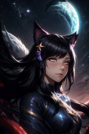 fox_tail,black-hair,5_figners,yellow_eyes,fox_girl,fox_ears,Ahri,midjourney,upper_body,High detailed,night