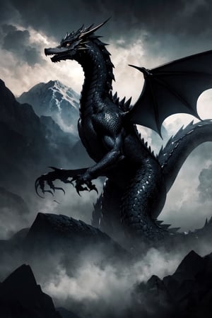 Dragon,a black dragon on the mountain,dragon Breathing fire,Look from a distance,sketch