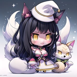 Padoru_Meme,ah1,Ahri,fennec fox,fox tail,5_figners,black_hair,yellow eyes ,lure,league_of_legends_ahri,large breasts, ah1,black_fox_ears,perfect, facial mark