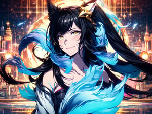 1girl,fox_tail,black-hair,5_figners,yellow_eyes,fox_girl,fox_ears,Ahri,midjourney,upper_body,sitting on a throne like a queen,smirk,fantasy00d,More Detail