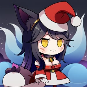 Padoru_Meme,red_hat,smile,ah1,Ahri,fennec fox,fox tail,5_figners,black_hair,yellow eyes ,lure,league_of_legends_ahri,large breasts, ah1,black_fox_ears,perfect, facial mark, multiple tails