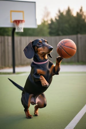 A dachshund, bigger than a human and with too long a torso, plays basketball better than anyone else in a standing pose. perfect lighting, perfect composition, perfect atmosphere BREAK , best quality