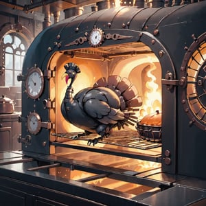 A turkey is baking in a beautiful steampunk-style oven. thansgiving, dynamic angle, steampunk style