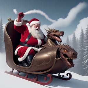 Fat Santa slides down a slope in a sleigh pulled by a steam punk dragon.,<lora:659095807385103906:1.0>