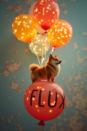 surreal, best quality, a dogecoin dog is on a balloon labeled “TensorArt", Balloon labeled “FLUX", warm lighting