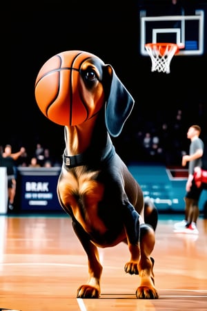 A dachshund, bigger than a human and with too long a torso, plays basketball better than anyone else in a standing pose. perfect lighting, perfect composition, perfect atmosphere BREAK , best quality