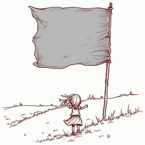 A girl holds up a big flag on a hill., cinematic, water color, best quality