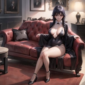 (masterpiece), best quality, high resolution, highly detailed, detailed background, perfect lighting, expert shading, realistic, 

living room,
medium breasts, curvy figure,
full body portrait,  
grinning, 

hex_maniac, wednesday_addams,wednesday_addams